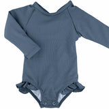 Solid Slate Blue Ribbed Ruffle Rashguard Suit