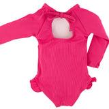 "Brights" Ribbed Hot Pink Ruffle Rashguard Suit