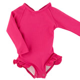 "Brights" Ribbed Hot Pink Ruffle Rashguard Suit