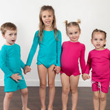 infant swimwear, kids swimsuit, girl swimsuit, swimwear, rashguard, bright blue swimsuit, baby swimsuit