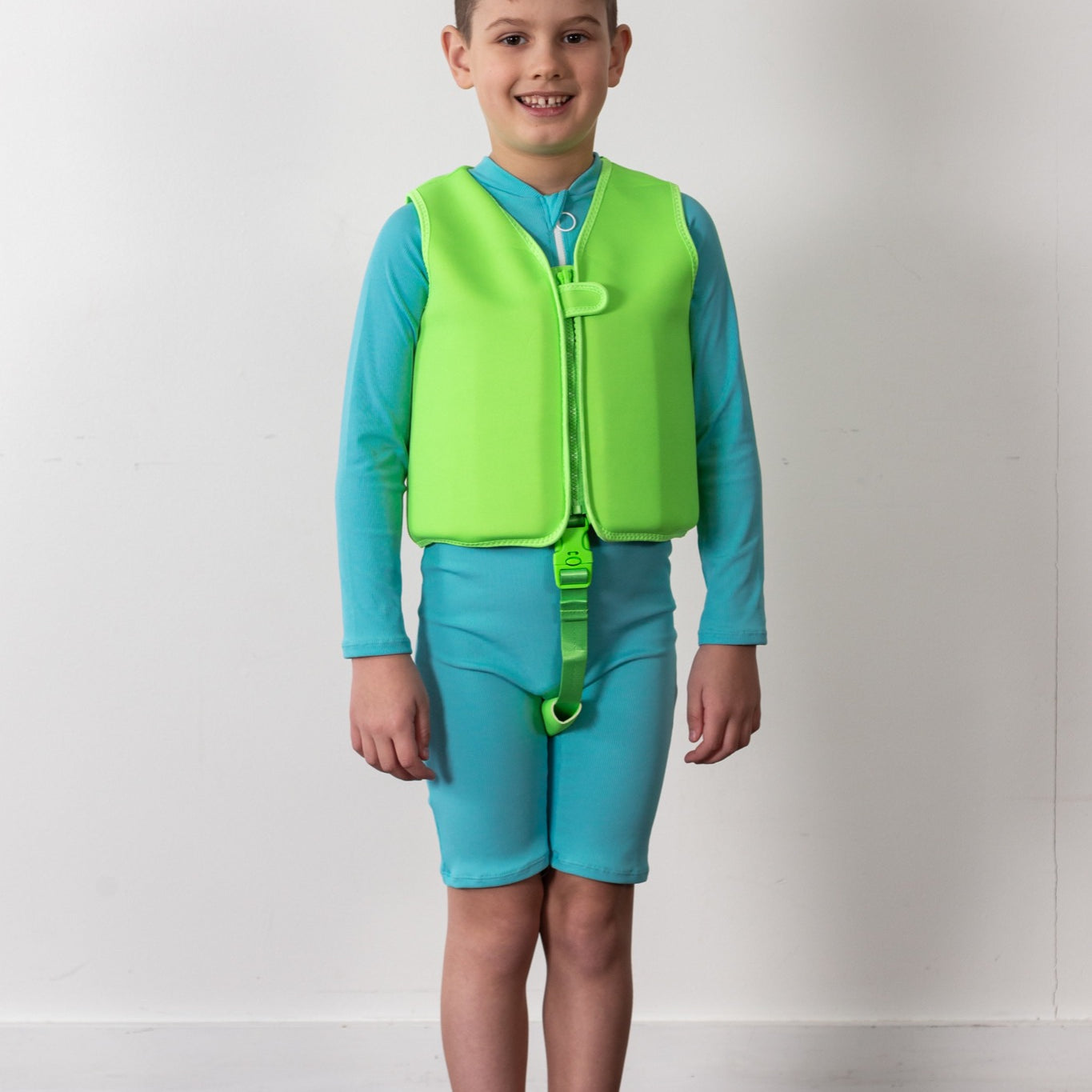 bright blue sunsuit for kids, swim vest