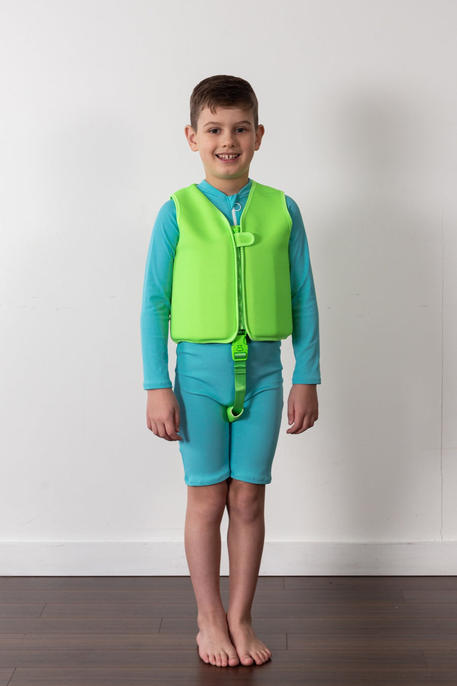 bright blue sunsuit for kids, swim vest