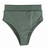 Ribbed Green Women's High Waist Bikini Bottoms