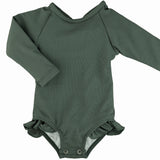 Solid Dark Green Ribbed Ruffle Rashguard Suit