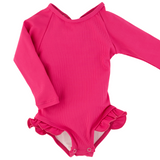 "Brights" Ribbed Hot Pink Ruffle Rashguard Suit