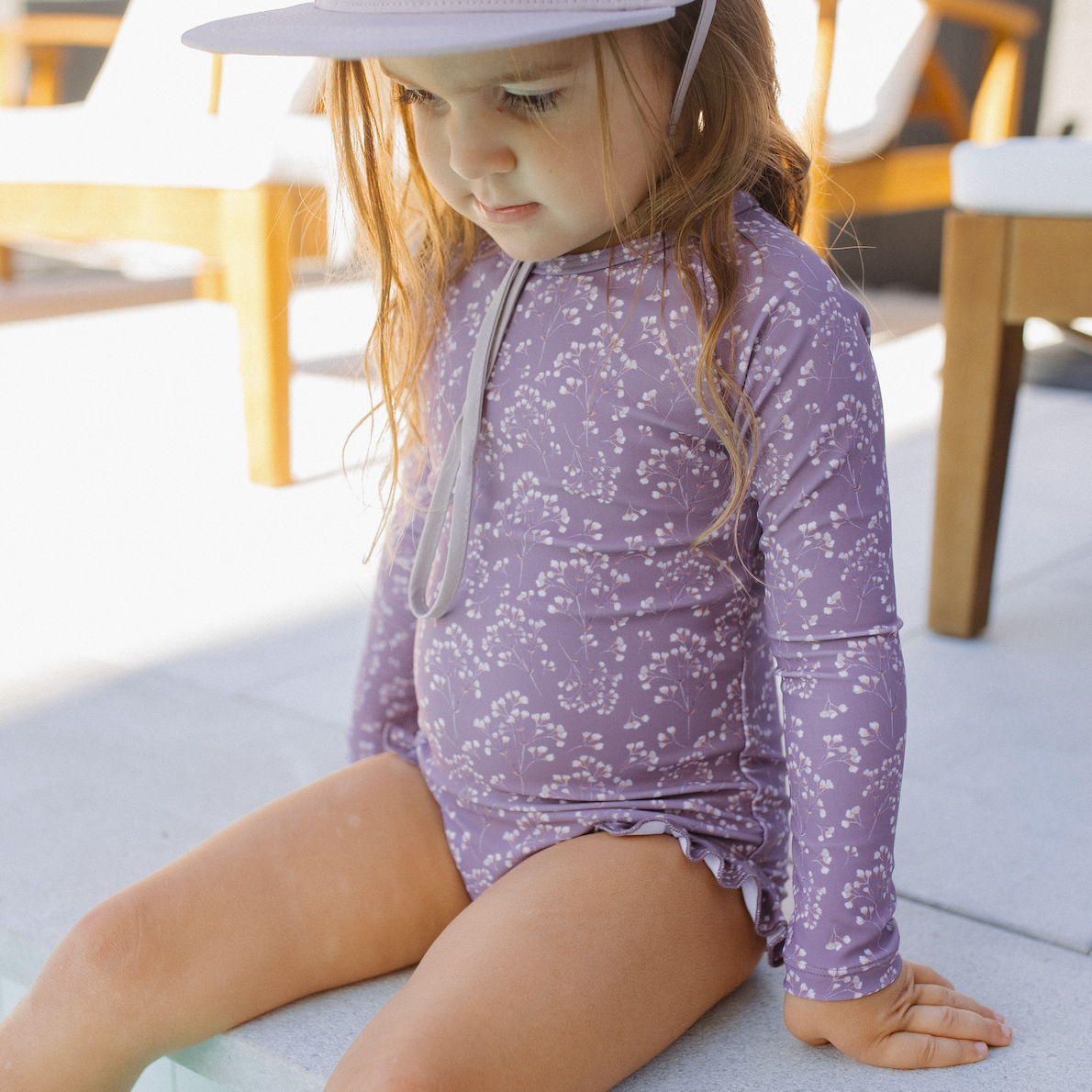 purple rashguard kids swimsuit, pink kids baseball hat