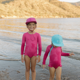 "Brights" Ribbed Hot Pink Ruffle Rashguard Suit