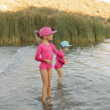 "Brights" Ribbed Hot Pink Ruffle Rashguard Suit