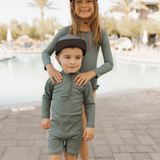 Solid Dark Green Ribbed Sunsuit