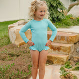 "Brights" Ribbed Blue Curaco Ruffle Rashguard Suit