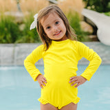 "Brights" Neon Yellow Ruffle Rashguard Suit