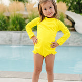 "Brights" Neon Yellow Ruffle Rashguard Suit