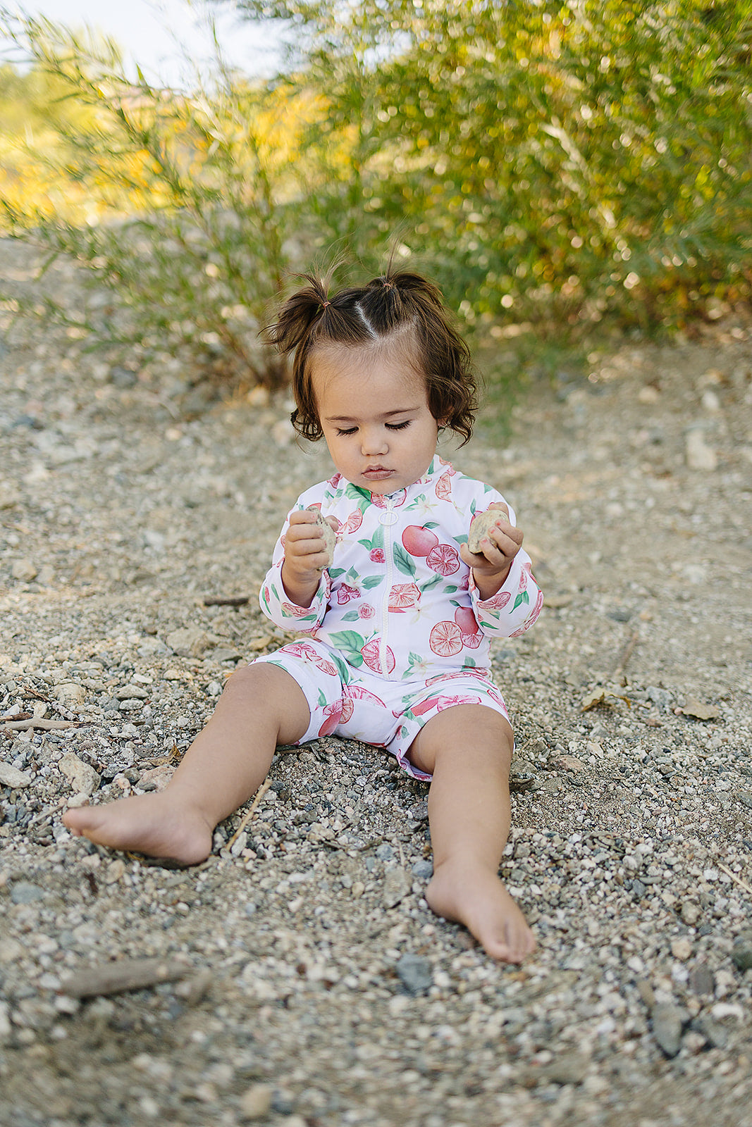 kids upf sunsuit with grapefruit