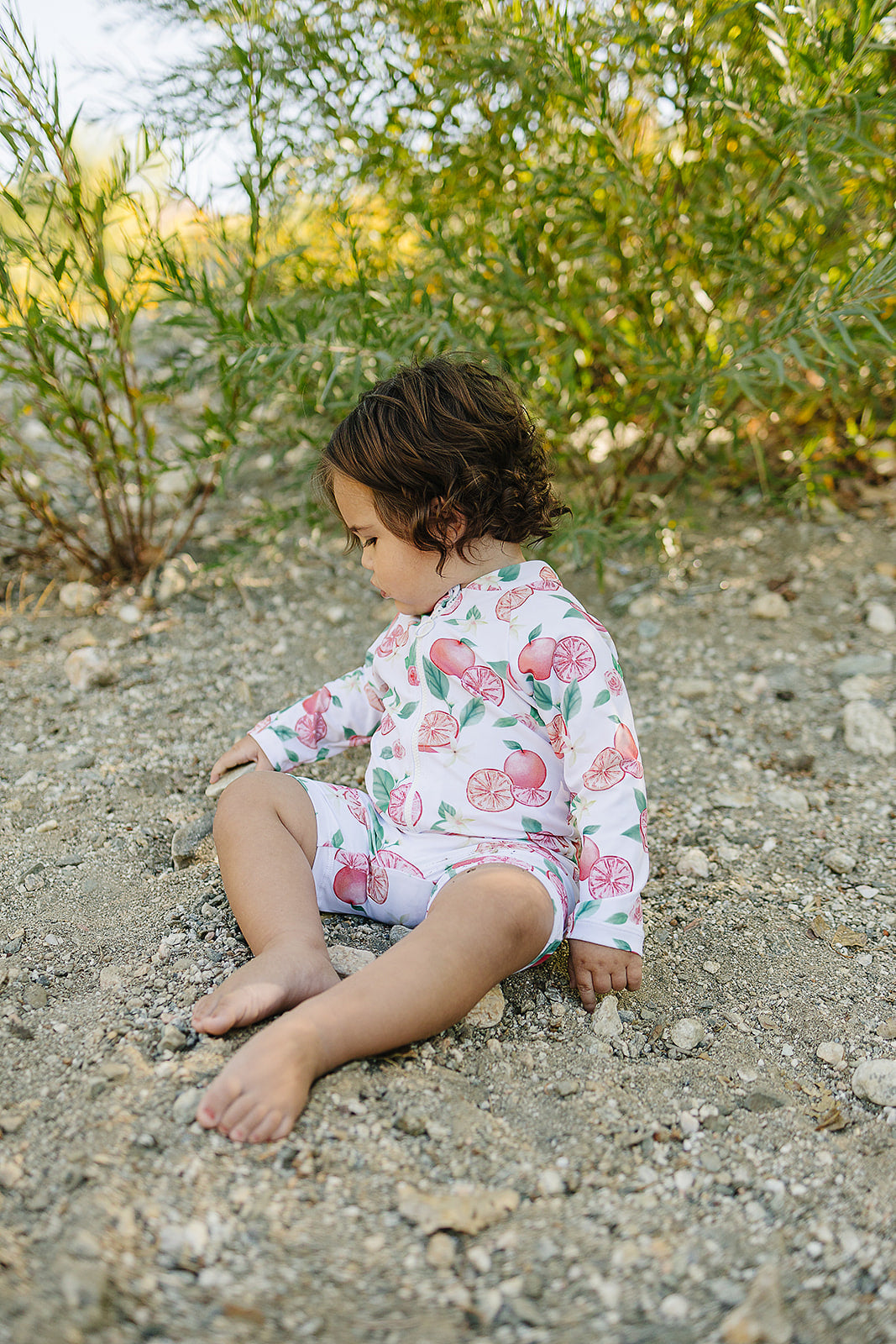 kids upf sunsuit with grapefruit