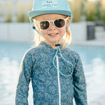 kids upf swimwear, sunsuit, sunglasses and hat