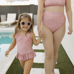 mom and girl matching pink swimwear