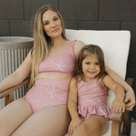 mom and girl pink matching swimsuits