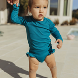 Little & Lively x Current Tyed: The "Ocean" Ribbed Ruffle Rashguard Suit